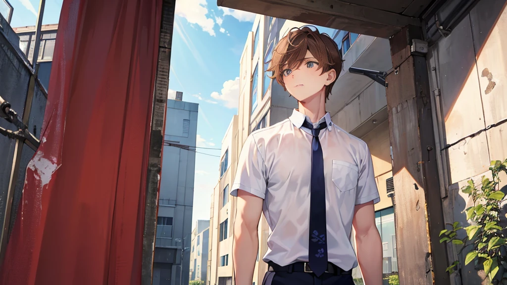The background is the back of a deserted gymnasium in summer.、An upper body shot of a handsome and manly high school boy、The high school boy has light brown hair and red cheeks and looks at me with a troubled expression.、He is wearing his summer uniform and his tie is loose.