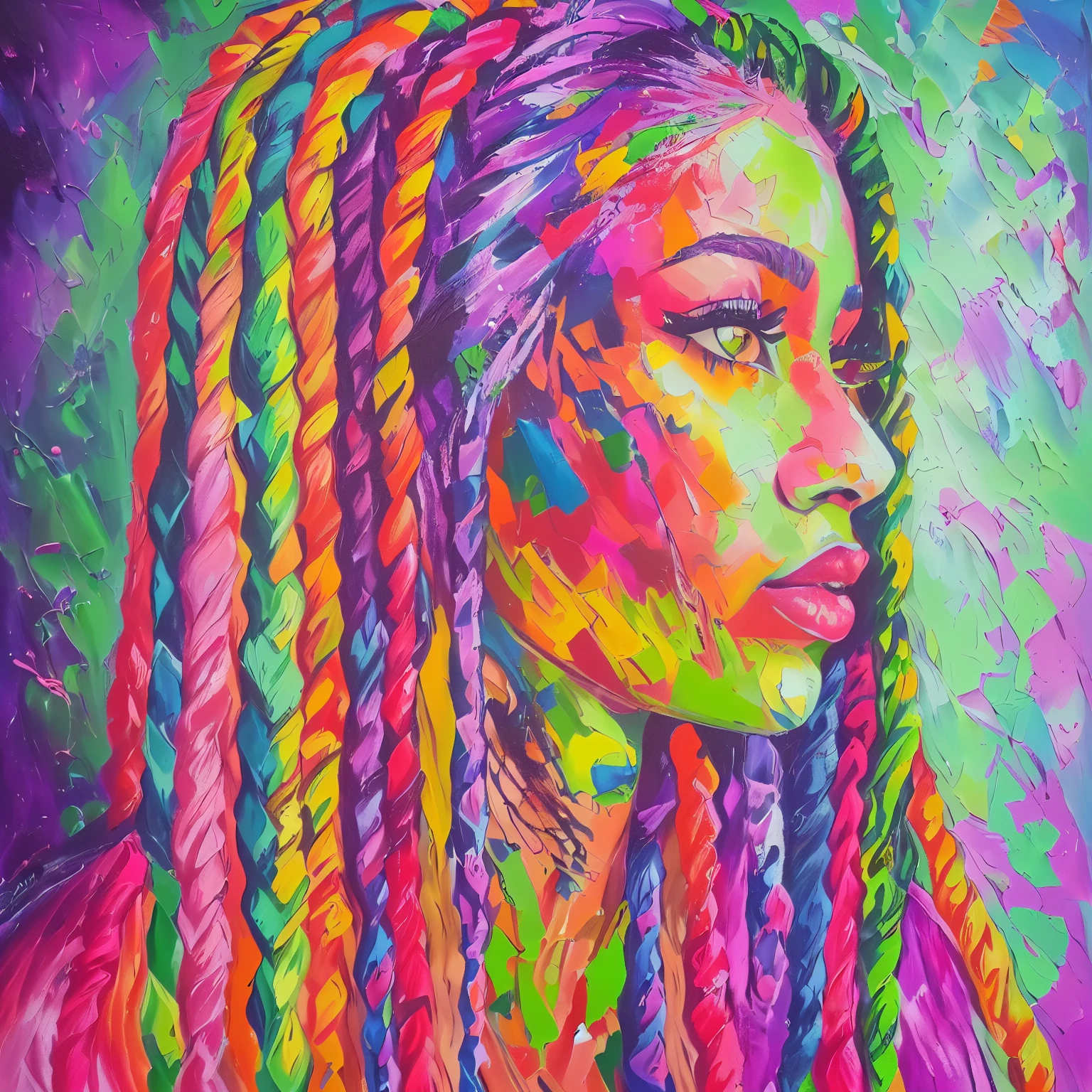 a painting of a woman with colorful dreadlocks on her head, girl with plaits, colorful pigtail, vibrant oil painting, painted in acrylic, acrylic on canvas, colorful oil painting, painted in bright water colors, colorful art, acrylic and oil painting, stunning art style, colorful painting, painted in oil colours, acrylic paint on canvas, beautiful portrait, colourful long hair