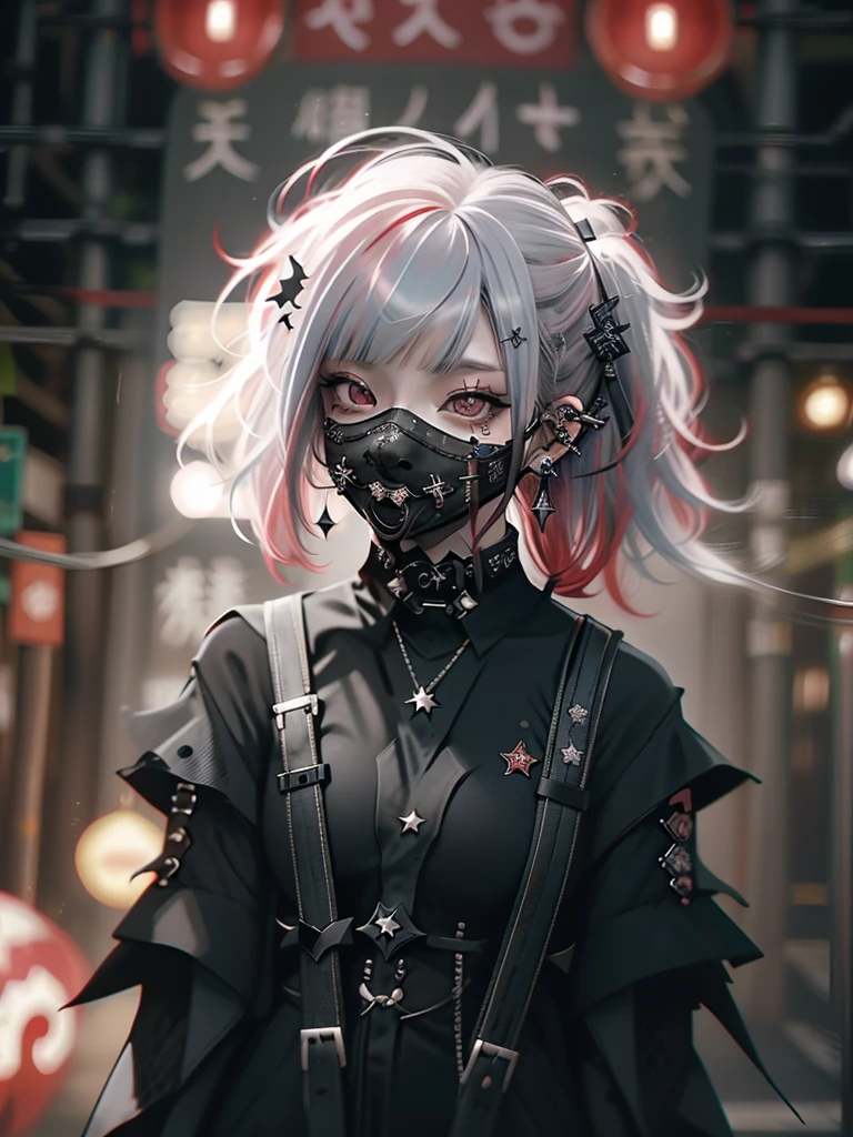 Red-haired、goth_punk, 1girl in, solo, medium shot, Walking in Harajuku, ((during night)), bokeh dof, Neon light, Iridescent eyes, starrysky, Red glowing hair, White eyebrows, Radiant hair, (iridescent white hair), earrings, bangss, jewely, masks, bluntbangs, verd s eyes, Mouth mask, blurry backround, bblurry, hair adornments, Look at viewers, shorth hair, portraitures, side locks