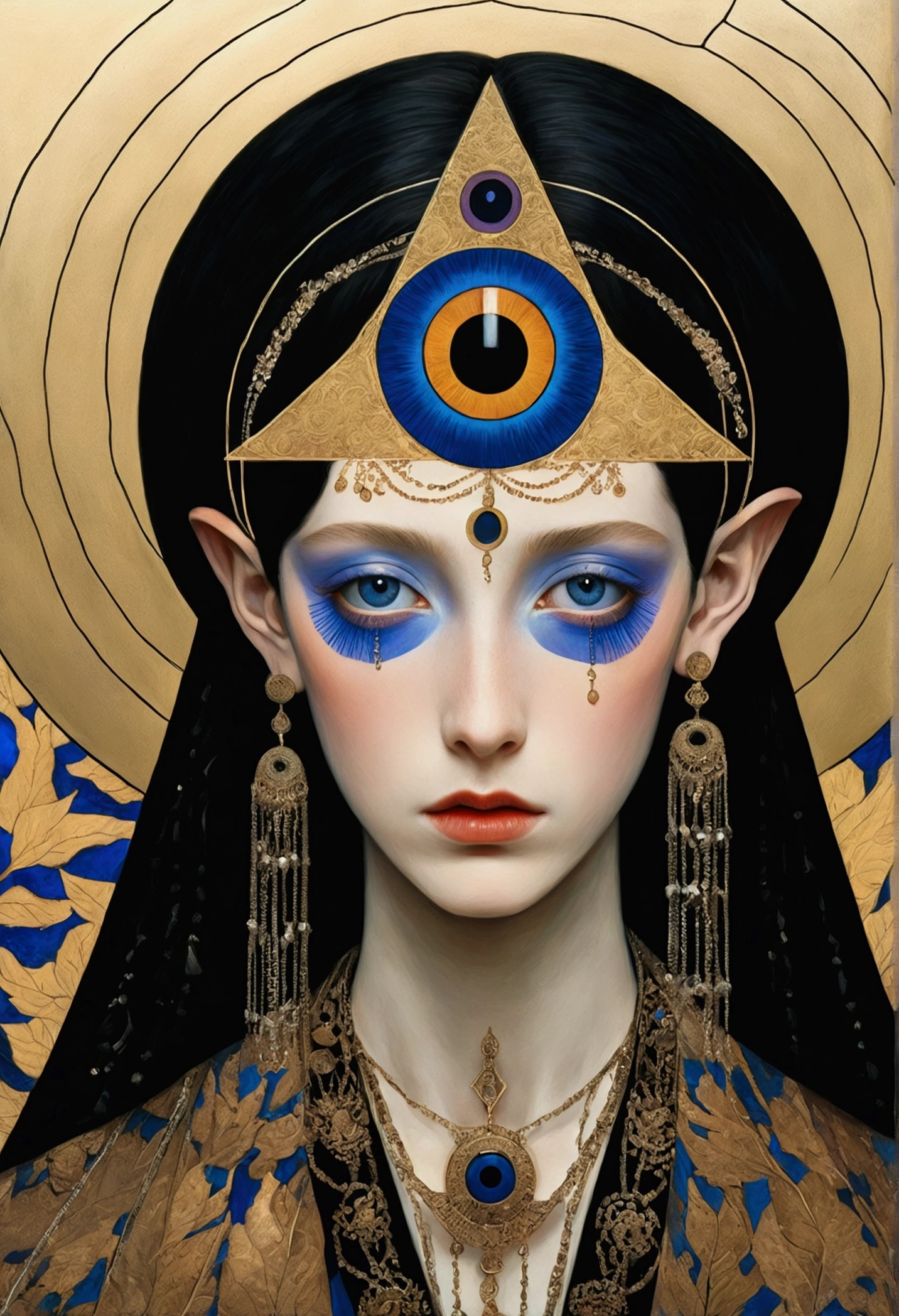 The art of math，Digital Illustration，Drawing，Decorative paintings，(((Harry Clark (Harry Clarke) style,圣地亚哥·卡鲁索style)))，Simple，clean，Fine painting style，(((The third eye on the forehead。short hair，Pointed ears，robe)))，Wide Angle，Black and blue，Solid color background