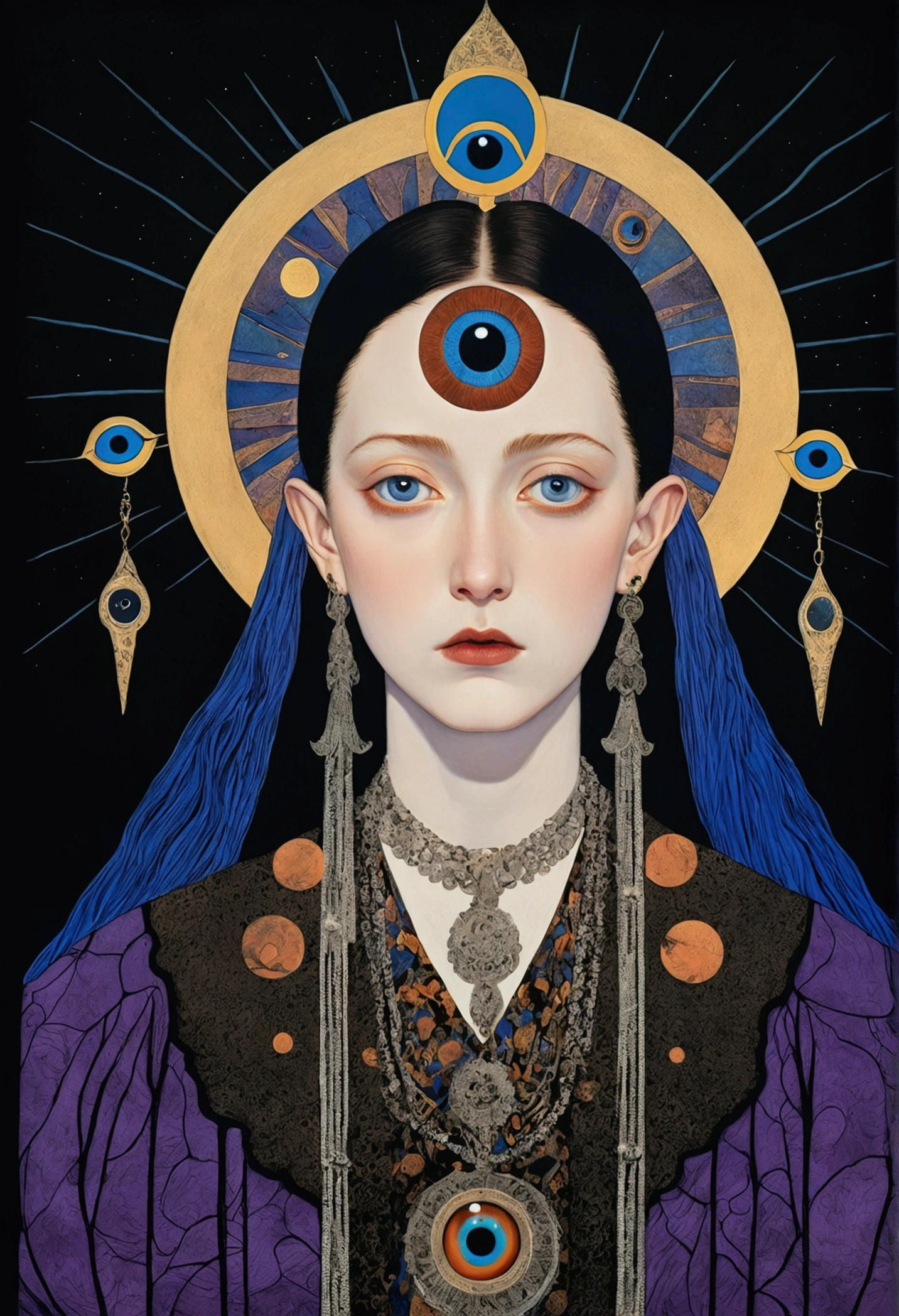 The art of math,Digital Illustration,Drawing,Decorative paintings,(((Harry Clark (Harry Clarke) style,圣地亚哥·卡鲁索style))),Simple,clean,Fine painting style,(((The third eye on the forehead。short hair,Pointed ears,robe))),Wide Angle,Black and blue,Solid color background