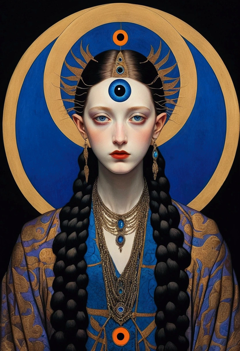 The art of math,Digital Illustration,Drawing,Decorative paintings,(((Harry Clark (Harry Clarke) style,圣地亚哥·卡鲁索style))),Simple,clean,Fine painting style,(((The third eye on the forehead。short hair,Pointed ears,robe))),Wide Angle,Black and blue,Solid color background