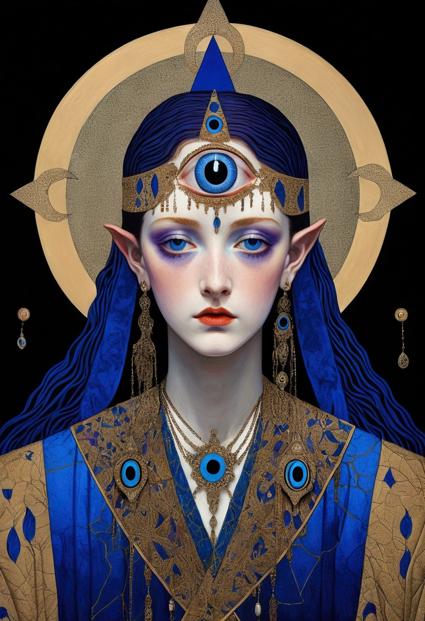 The art of math,Digital Illustration,Drawing,Decorative paintings,(((Harry Clark (Harry Clarke) style,圣地亚哥·卡鲁索style))),Simple,clean,Fine painting style,(((The third eye on the forehead。short hair,Pointed ears,robe))),Wide Angle,Black and blue,Solid color background