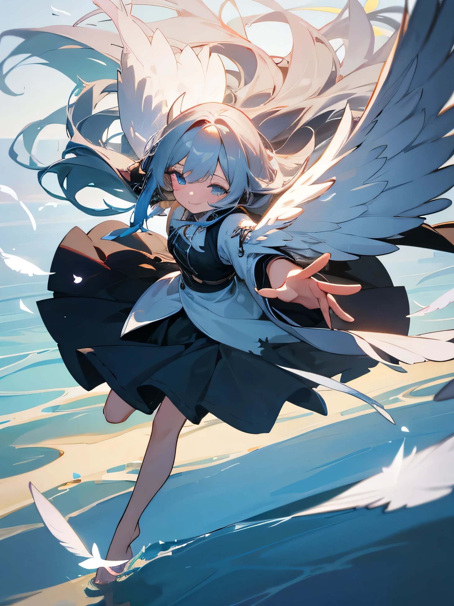 kawaii, anime, Cute, hyper quality, highly detailed, 8k, Clarity, Draw facial expressions in detail, A girl with long silver hair winks, mysterious, gothic style, highlight on eyes, throw both hands up, smile, Feathers dance, The wind passes through, Flowers waving in the wind, floating on the water's edge, barefoot, light pours from heaven, aerial view, The expression is a wink, A bird flaps its wings in the sky, Uplifting, eye color is blue, upward glance,