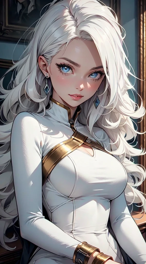 Masterpiece, beautiful art, professional artist, 8k, very detailed face, very detailed hair, very detailed clothes, 1 girl, solo, ((long wavy white hair)), (blue_eyes), beautiful_face, long_eyelashes, natural_eyebrows, (white latex suit), sitting, looking_at_viewer, diamond_earrings, large breasts, pale_skin, flirty smile, sultry eyes, perfect lips