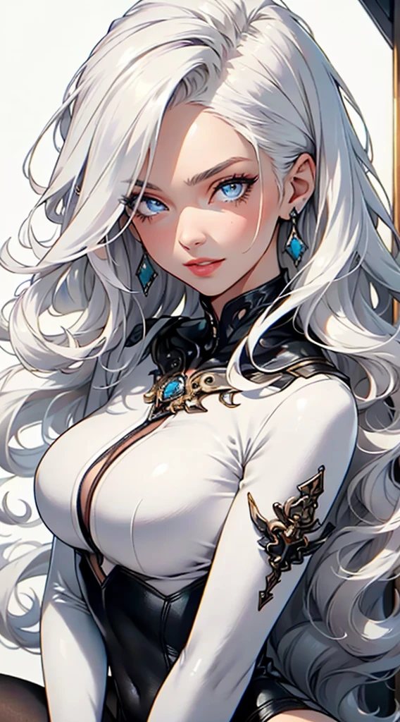 Masterpiece, beautiful art, professional artist, 8k, very detailed face, very detailed hair, very detailed clothes, 1 girl, solo, ((long wavy white hair)), (blue_eyes), beautiful_face, long_eyelashes, natural_eyebrows, (white latex suit), sitting, looking_at_viewer, diamond_earrings, large breasts, pale_skin, flirty smile, sultry eyes, perfect lips