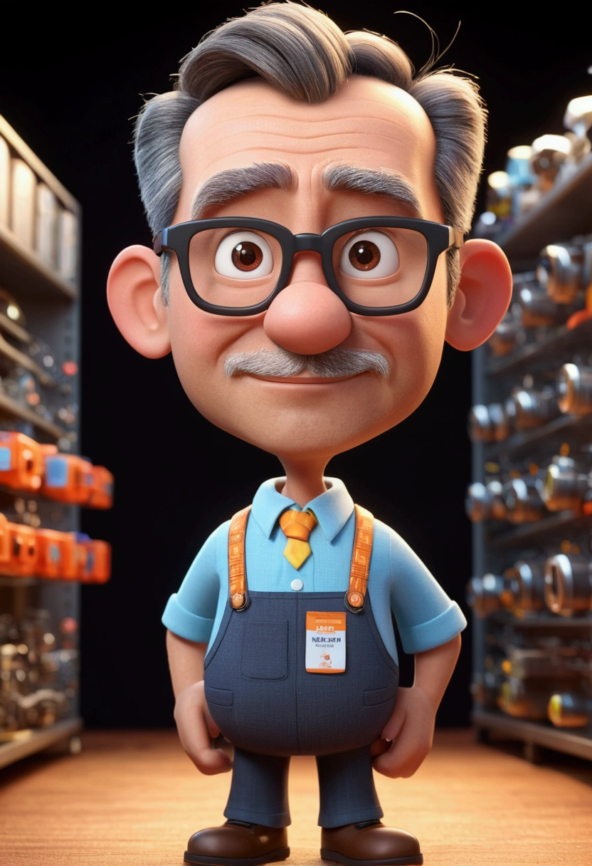 Cartoon character of a 55 year old man wearing glasses and dressed as a hardware attendant, and big head, animation character, stylized character, animation style rendering, 3d stylized, Arnold Maya rendering, Stylized 3D rendering, toon render screenshot, 3d character, 3d character, Stylized 3D rendering, 3D character rendering, cartoon character, Personagem de close up, character posing, (Pixar-style) (master part:1.2) (bokeh) (best qualityer) (skin detailed) (detailed texture) (8k) (Argilla) (cinematic lighting) (sharp focus