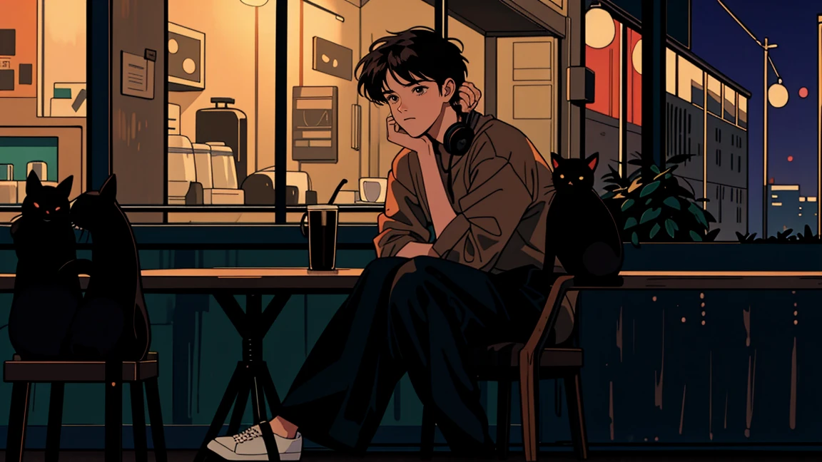 Highest quality, 8k, 1990s style,Hairstyles of the 2010s, 21 year old boy, Black Hair, Light brown eyes, City Pop, pants ,Night view, Wear headphones, whole body, Relax Coffee,table,making,look at me, Black cat