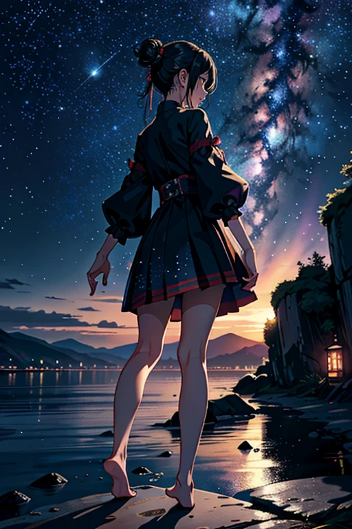 masterpiece, Highest quality, One girl, alone, Guizhong City_Genshin Impact, Default_dress, From behind, Starry sky print, Sleeves up to the wrists, barefoot 