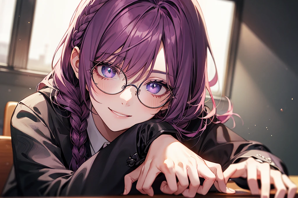 men's,single braid hair,violet colored hair,(Eye 1:2,Clear eyes,Elaborate Eyes,Delicate pupils,Good eyes,eye detailed),Face Focus,Adult,In black suit,best qualtiy,facial detailing,Classroom,sit on desk,sitting in the couch,lazy,Detailed background,diffuse sunlight,depth of fields,Studying Smiling at your desk, violet eyes,black gloves, round glasses, long sleeves,violet hair, smile,