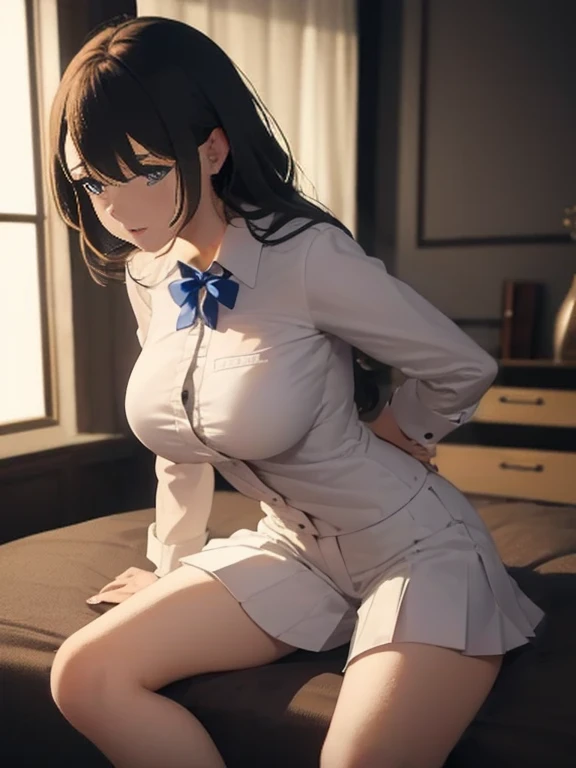 (One girl:1.3), masterpiece, Highest quality, Great beauty, 4K, Absurd, In detail, Highly detailed eyes, Perfect Anatomy, Official Art, Cinema Lighting, break, Bedroom, Silky Medium Hair, Highly shiny detailed blue eyes, Embarrassing, break , Big Breasts, sitting bed in Bedroom, break , (school uniform:1.2), break,()