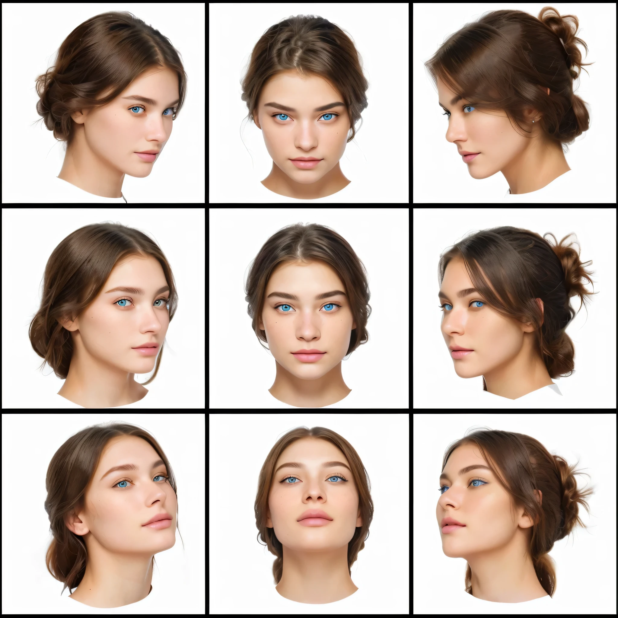 arafed image of a pretty young woman with different facial expressions with vibrant light blue eyes and the irises feature fine details and variations in blue tones, long brown slightly wavy hair, variations around female, female face features, face variations, symmetry accurate human features, facial symmetry, highly accurate facial features, female facial structure, attractive facial features, no distortion on subject faces, feminine facial features, facial features), facial features ), facial feature symmetry, facial expressions, perfect eyes, correct iris, perfect iris