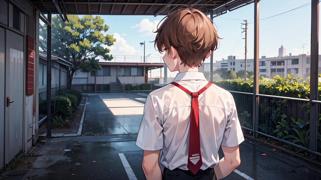 The background is the back of a deserted gymnasium in summer.、An upper body shot of a handsome and manly high school boy、The high school boy has light brown hair and red cheeks and looks at me with a troubled expression.、He is wearing his summer uniform and his tie is loose.