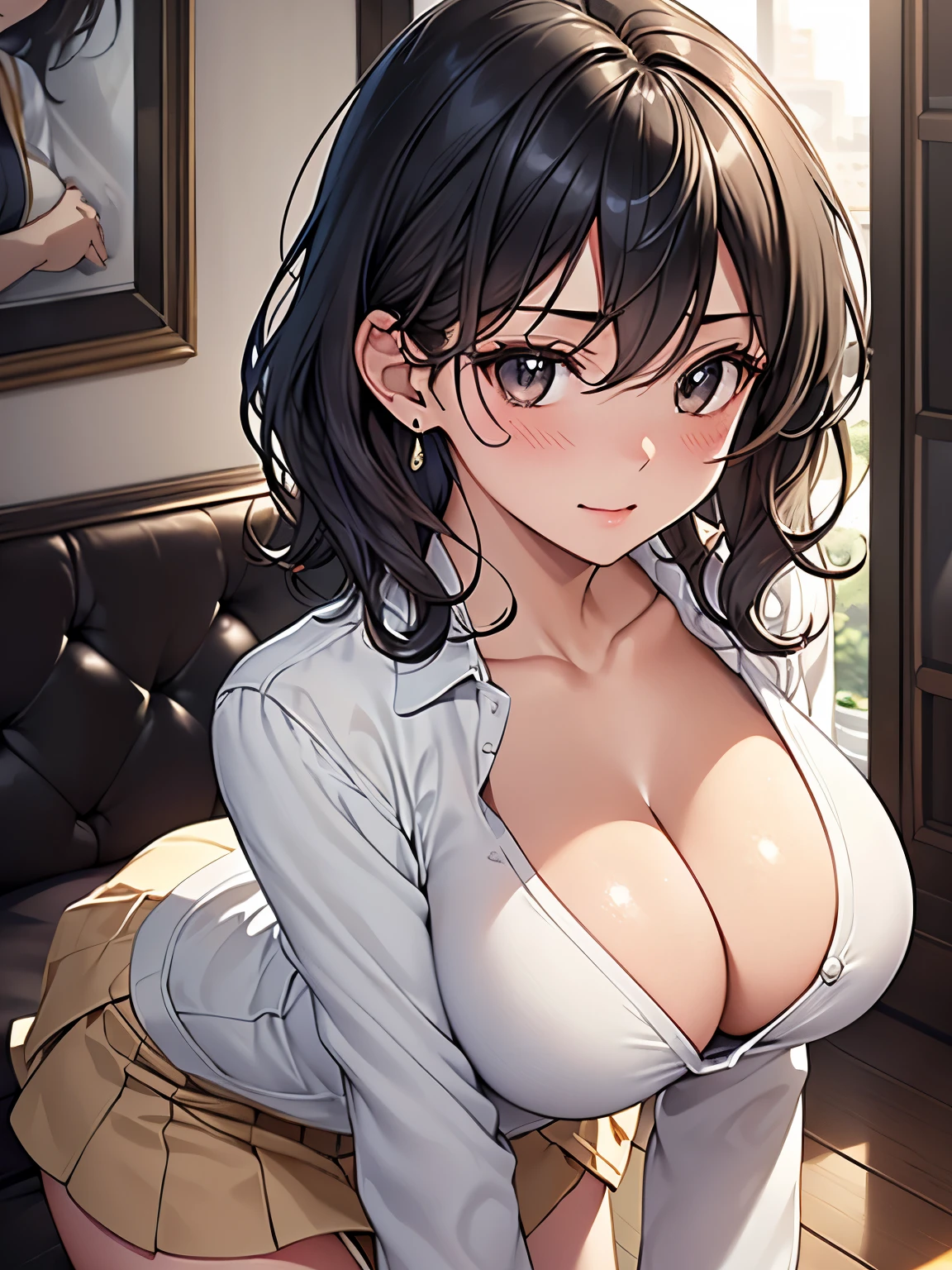 (Tabletop、Highest quality, High resolution, Masterpiece, 4K), (Luxury hotel lobby、Very bright room、Strong light from the front、Luster of hair、Beautiful eyes、Full body photo)、18 year old young woman、The whole body is visible、Excited face、 ((Soft wavy short hair、Ash-toned shiny hair)), ((Hopeful Eyes、Gray Eyes, Long eyelashes)), ((Light on the face、Detailed face, blush:1.1)), ((Smooth texture:0.75, Realistic texture:0.65, Realistic:1.2、Anime CG Style)), Medium chest、valley、Dynamic Angle、A body with just the right amount of flesh、I see beautiful legs、(Beige blazer、Buttoned shirt、Frilled Skirt、Cute Earrings)、Angle from below、I want to touch my breasts