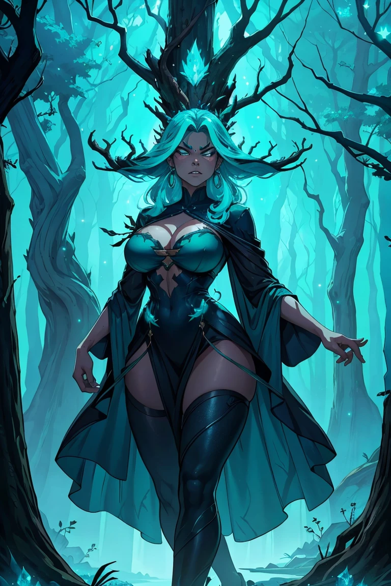 Maokai if he were a woman in life, treant, dark islands, mist, clothing with wood, tree branch on it, wooden ornament, blue aura, nature spirit, consumed by anger, embodies vengeance, wicked, angry face, glittering turquoise eyes, black outfit with turquoise sparkles