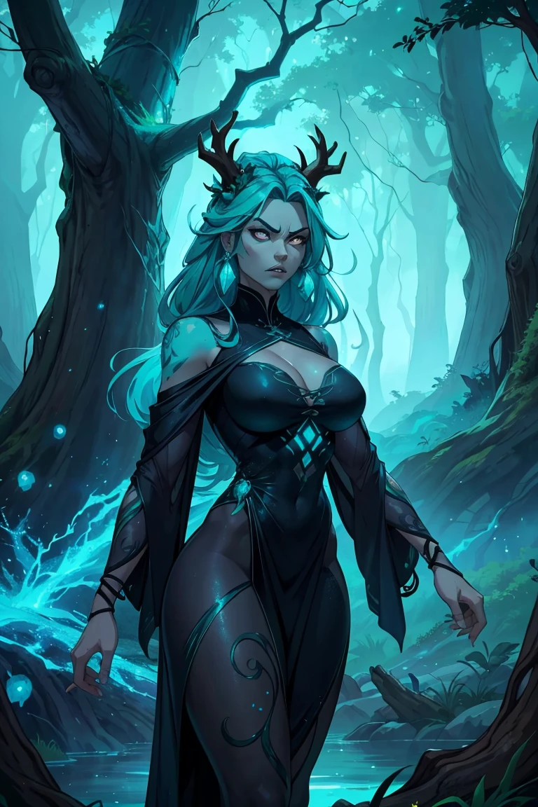 Maokai if he were a woman in life, treant, dark islands, mist, clothing with wood, tree branch on it, wooden ornament, blue aura, nature spirit, consumed by anger, embodies vengeance, wicked, angry face, glittering turquoise eyes, black outfit with turquoise sparkles