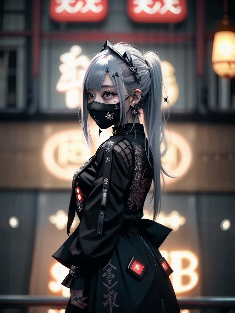 Red-haired、goth_punk, 1girl in, solo, medium shot, Walking in Harajuku, ((during night)), bokeh dof, Neon light, Iridescent eyes, starrysky, Red glowing hair, White eyebrows, Radiant hair, (iridescent white hair), earrings, bangss, jewely, masks, bluntbangs, verd s eyes, Mouth mask, blurry backround, bblurry, hair adornments, Look at viewers, shorth hair, portraitures, side locks