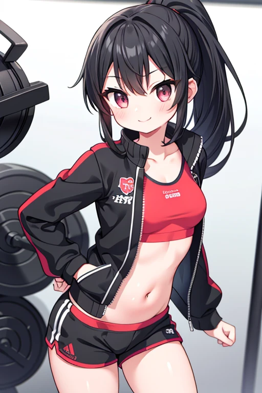 girl、Small breasts、Black Hair、Iris、ponytail、Red sports bra、belly button、Black shorts、Wear a black jacket、smile、Sexy pose、Gym Room
