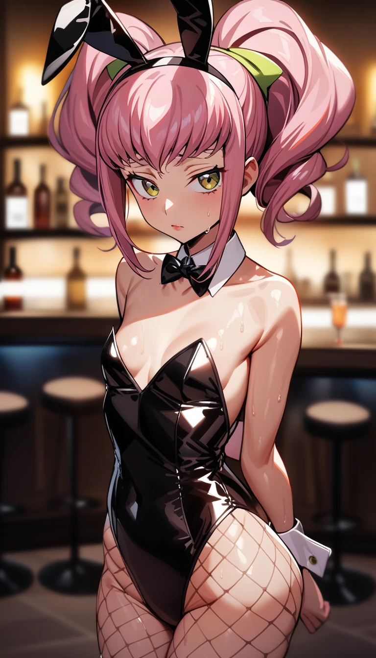 1girl,solo,super detailed skin,shiny skin,wet oily skin,anya alstreim, code geass, expressionless,pink hair,eyelashes,lips gloss,small breasts,beautifully shaped breasts, body suit,playboy bunny,rabbit ears,fishnet,bowtie, wrist cuffs,arms behind back,night bar,masterpiece,best quality,ultra detailed,high resolution,sharp focus,depth of field