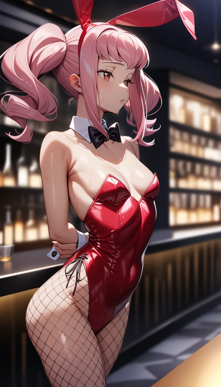 1girl,solo,super detailed skin,shiny skin,wet oily skin,anya alstreim, code geass, expressionless,pink hair,eyelashes,lips gloss,small breasts,beautifully shaped breasts, body suit,playboy bunny,rabbit ears,fishnet,bowtie, wrist cuffs,arms behind back,night bar,masterpiece,best quality,ultra detailed,high resolution,sharp focus,depth of field
