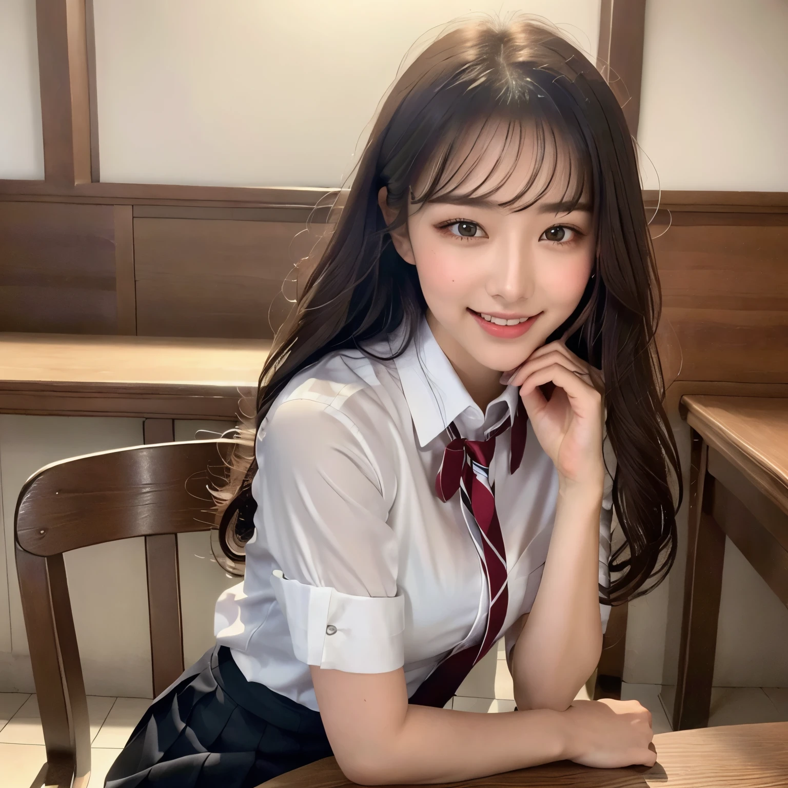 masterpiece, Upper Body Shot, Front view, One woman per photo, Young and beautiful woman in Japan, Super cute face, 18-year-old, Sitting on a chair in a coffee shop and smiling, Coffee on the table, Attractive person, Wearing a short-sleeved shiny silk white collared shirt and a shiny satin solid red bow tie, She is wearing a long, dark blue pleated skirt, Glossy Lips, Sweaty body, Double eyelids on both eyes, Natural Makeup, Long eyelashes, Shiny, smooth, light brown, medium length hair, Asymmetrical bangs, Sunburned skin, Center image, 8k resolution, Attention to detail, Detailed hairstyle, Detailed face, Spectacular movie lighting, Octane Rendering, Vibrant, Ultra-realistic, Perfect limbs, Perfect Anatomy