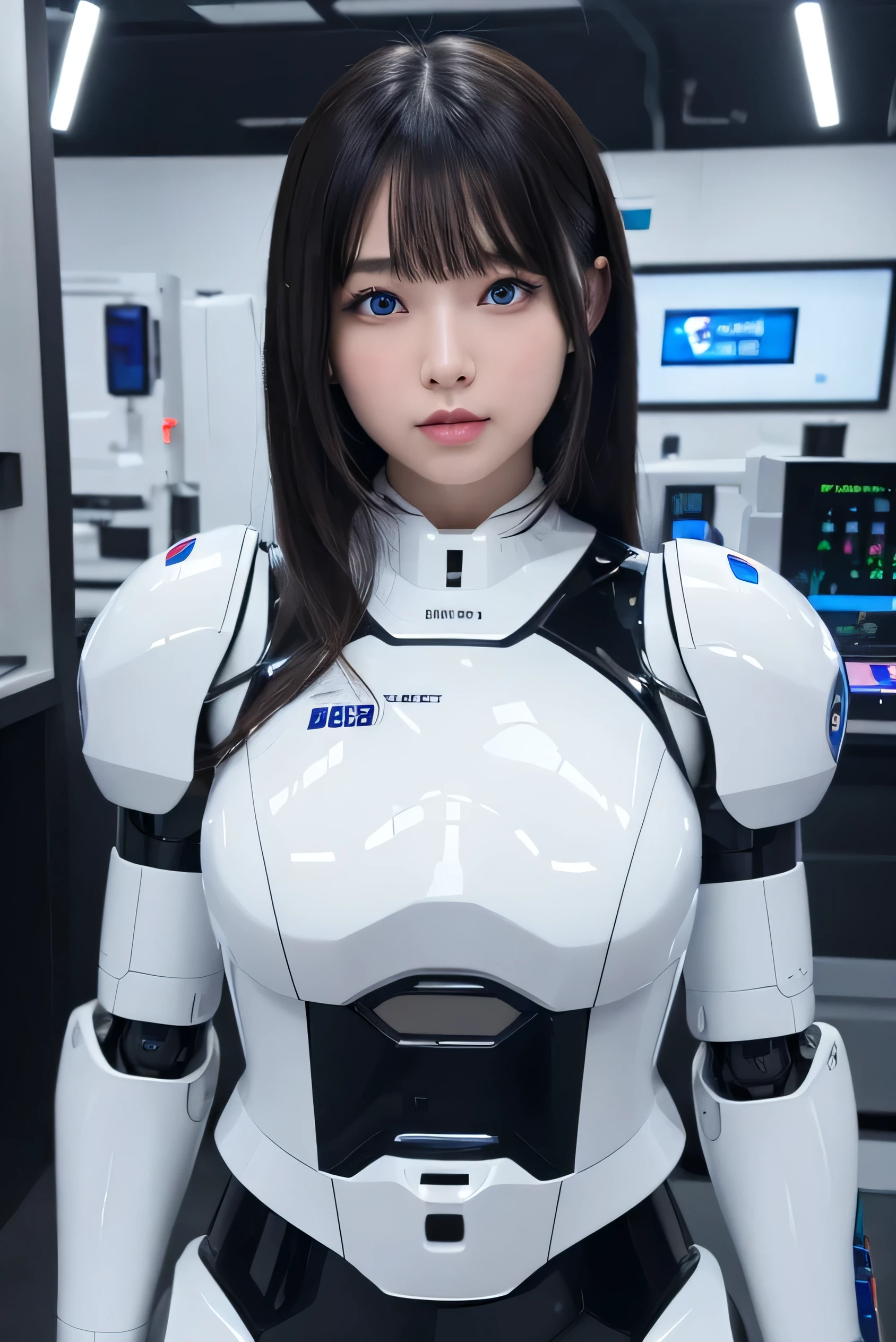 masterpiece, best quality, extremely detailed, Japaese android girl,Plump , control panels,android,Droid,Mechanical Hand, ,Robot arms and legs, Black hair,Mechanical body,Blunt bangs,White Robotics Parts,perfect robot woman,Charging spot,perfect mechanical body,white robotics body,android assembly plant,white body,She has repaired,black sponge joints,android,laboratory,perfect machine body,white robot body,blue eyes