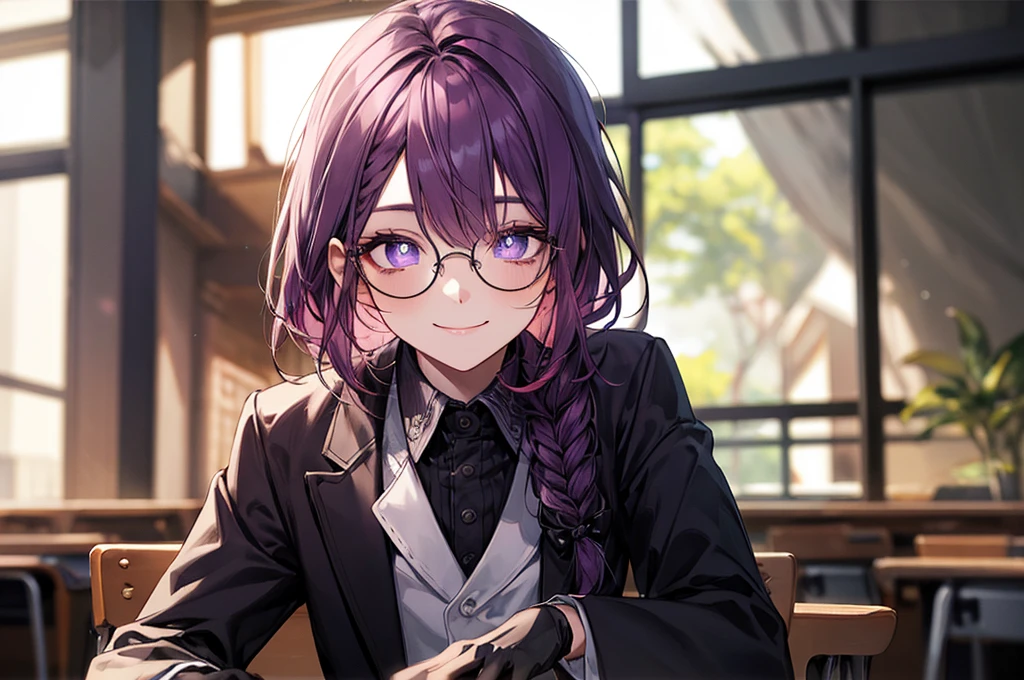men's,single braid hair,violet colored hair,(Eye 1:2,Clear eyes,Elaborate Eyes,Delicate pupils,Good eyes,eye detailed),Face Focus,Adult,In black suit,best qualtiy,facial detailing,Classroom,sit on desk,sitting in the couch,lazy,Detailed background,diffuse sunlight,depth of fields,Studying Smiling at your desk, violet eyes,black gloves, round glasses, long sleeves,violet hair, smile,