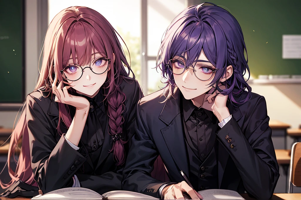 men's，single braid hair，violet colored hair，（Eye 1：2，Clear eyes，Elaborate Eyes，Delicate pupils，Good eyes，eye detailed），Face Focus，Adult，In black suit，best qualtiy，facial detailing，‎Classroom，sit on desk，sitting in the couch，lazy，Detailed background，diffuse sunlight，depth of fields，Studying　Smiling at your desk, violet eyes,black gloves, round glasses, long sleeves,violet hair, smile,