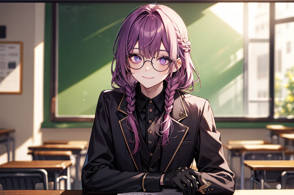 men's,single braid hair,violet colored hair,(Eye 1:2,Clear eyes,Elaborate Eyes,Delicate pupils,Good eyes,eye detailed),Face Focus,Adult,In black suit,best qualtiy,facial detailing,Classroom,sit on desk,sitting in the couch,lazy,Detailed background,diffuse sunlight,depth of fields,Studying Smiling at your desk, violet eyes,black gloves, round glasses, long sleeves,violet hair, smile,