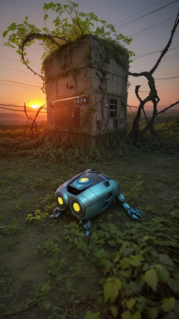 Robot off, broken and abandoned with vines growing on it lying facing the setting sun in nature