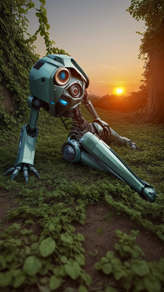 Robot off, broken and abandoned with vines growing on it lying facing the setting sun in nature