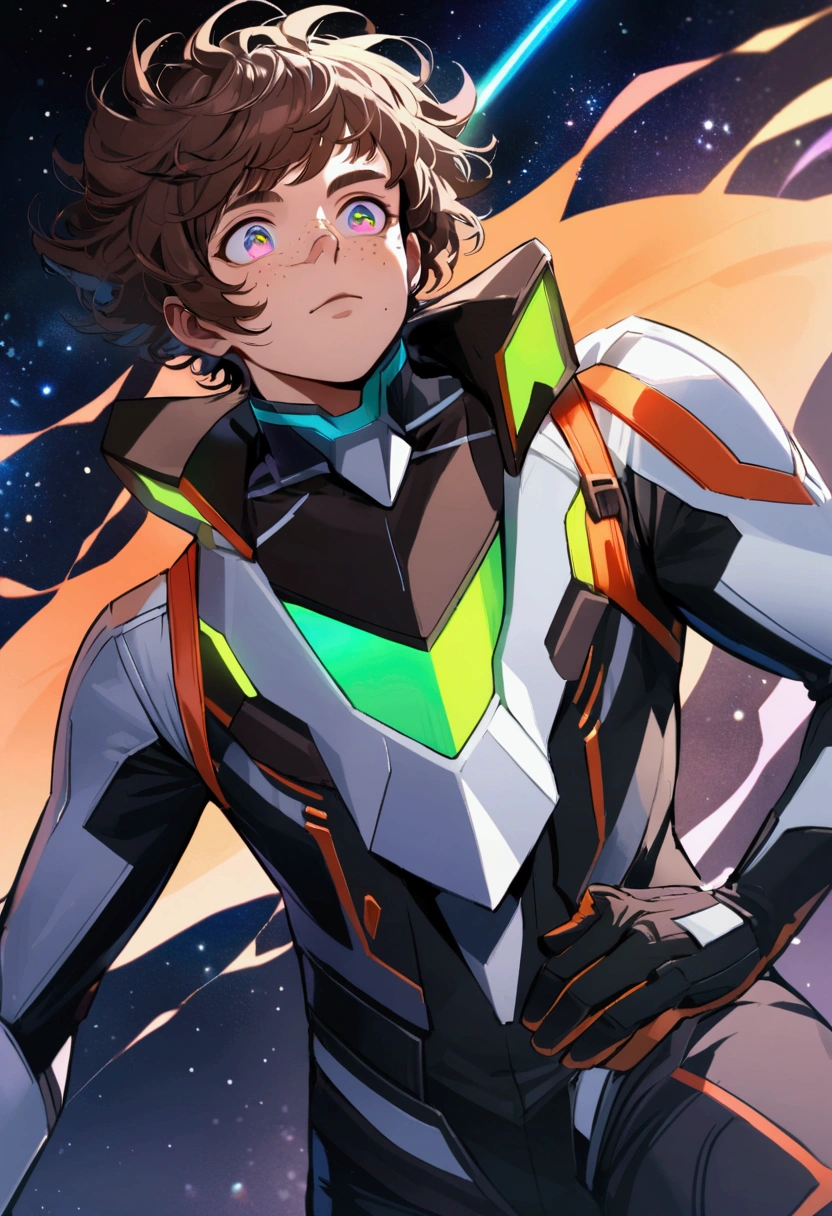 Boy short wavy brown hair with messy bangs, unique different colored eyes, freckles on nose and cheeks, scar from mouth to chin. Futuristic suit style clothing, space theft