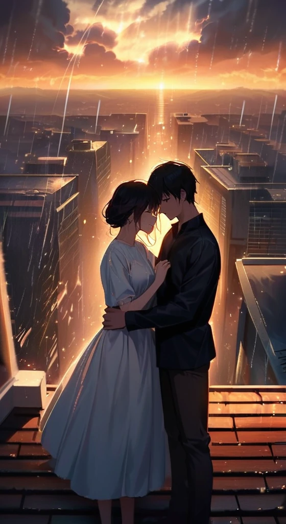 "Create a romantic scene where a couple is standing in an embrace on a rooftop during a rainstorm. Above them, dark clouds form a heart shape, with a city skyline visible in the background. The atmosphere should be both dramatic and intimate, with warm hues of the setting sun casting a soft glow on the couple, contrasting with the dark, stormy sky. The rain should add a sense of melancholy and romance, as if the world around them fades away, leaving only the couple in their own moment of love."