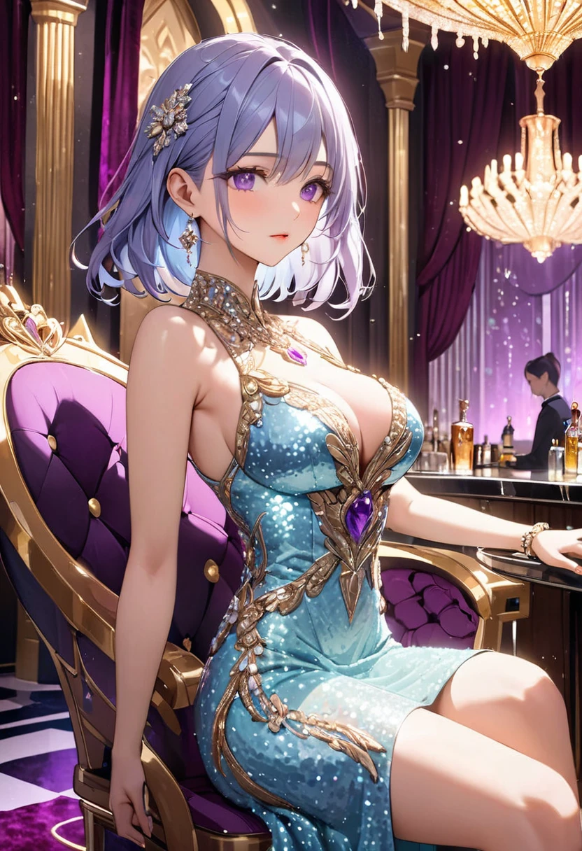 Highest quality, Great quality, 16K, Unbelievably absurd, Very detailed, 2.5D, delicate and dynamic, Very delicate look, Delicate eye depiction, Upper body close-up, erotic, Only sexy women, Healthy body shape, 22-year-old woman, height: 170cm, big, Hard, Swaying bust,Fantasy Royal Palace Throne Room, Golden decoration, Big throne, Luxurious curtains, glossy wall decor, Ancient weapons, High ceiling chandelier, Princess style dress, aristocrat robe, Gorgeous embroidered gown, Amethyst Purple Long Hair Art Deco Room, Silver decoration, Luxurious bar counter, stylish chair, Bright lighting, modern art, Luxury Carpet, Art Deco Dress, glitter dress, Sequined bodycon dress, Ice Blue Short Hair