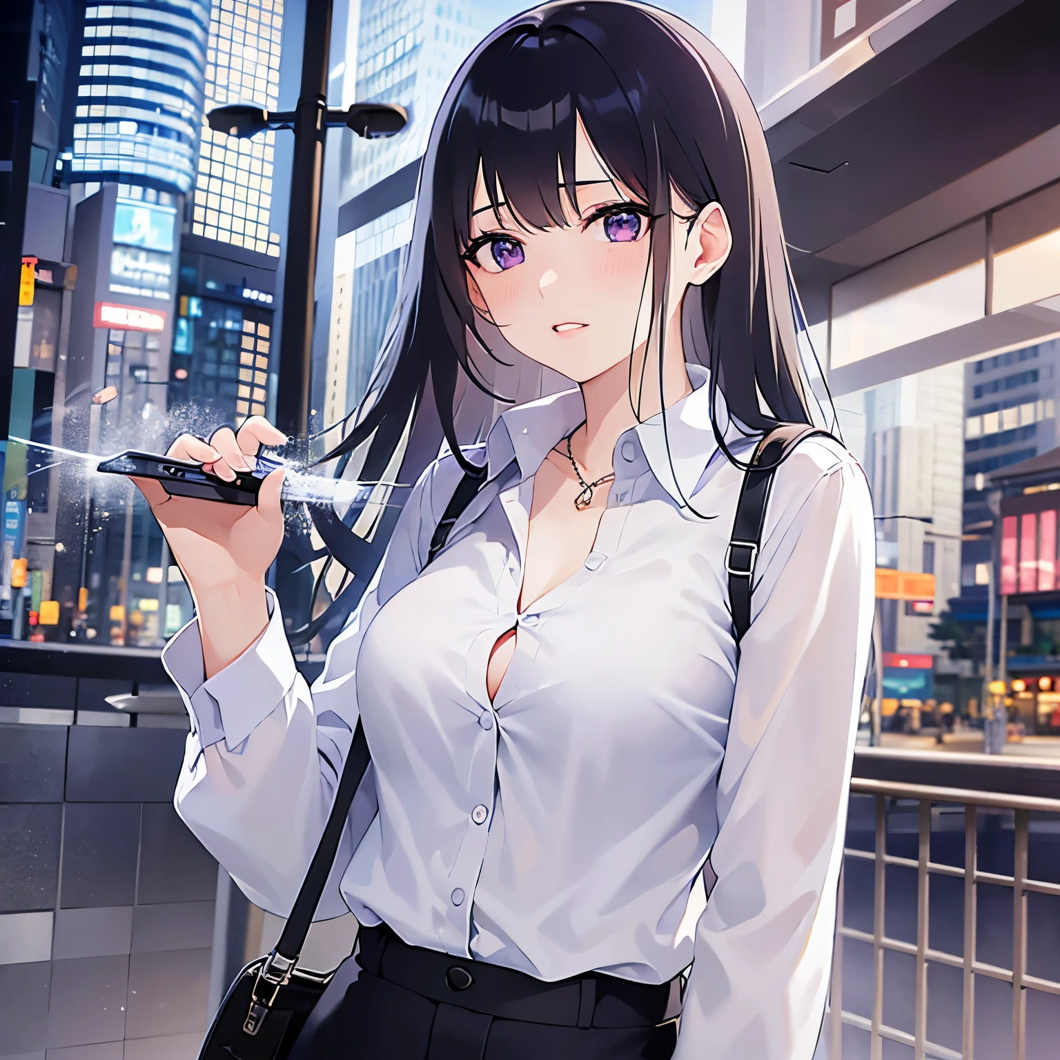 (looking at viewer:1.5),
Realistic, real person, (pale skin: 1.2), RAW photo, photorealistic, shiny skin, shiny hair、
(A 25-year-old woman with straight hair and bangs) and (medium hair) and (black hair) and (purple eyes) ,
(Wearing a business suit) and (Wearing a white collared shirt)、
Cleavage、(blush:1.5),shy,The background is the city at night,(Night Sky:1.5)