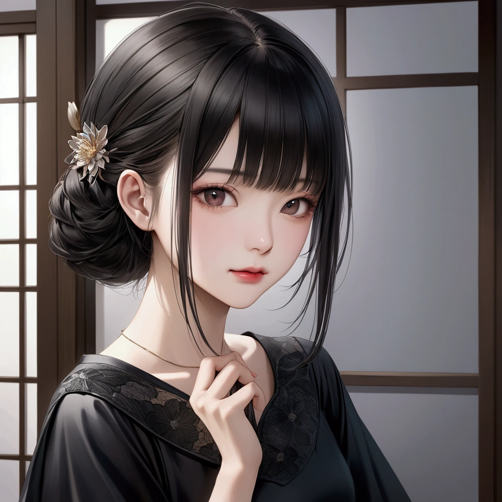 A japanene woman wearing a black short-sleeved dress、Realistic