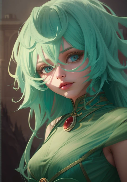 A beautiful girl with long hair, big eyes, wearing an elegant dress, standing in front of a lush green mountain landscape with a serene lake, (best quality,4k,8k,highres,masterpiece:1.2),ultra-detailed,(realistic,photorealistic,photo-realistic:1.37),extremely detailed face and eyes,long eyelashes,beautiful detailed eyes,beautiful detailed lips,green mountains,green water,intricate dress,dramatic lighting,cinematic,high fashion,elegant,serene