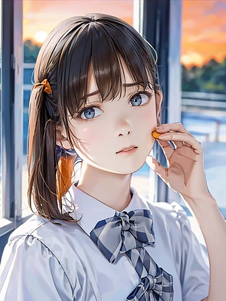 (Highest quality、8k、32K、masterpiece)、(Realistic)、(Realistic:1.2)、(High resolution)、Very detailed、Very beautiful face and eyes、(((Women's Solo Shot)))、Tight waist、(Highest quality、Attention to detail、Rich skin detail)、(Highest quality、8k、Oil paints:1.2)、(Realistic、Realistic:1.37)、Bright colors、(((Cowboy Shot)))、(((Bob Hair)))、(((Medium Hair)))、(((Side Ponytail)))、(((Has a sad look on his face)))、(((Brown Hair)))、((Collared short-sleeved shirt, White shirt, , Grey plaid pleated skirt, Blue checked bow tie), )、(((Schoolyard at dusk)))、(((Sigh、wave hands)))、(((Orange sky)))、