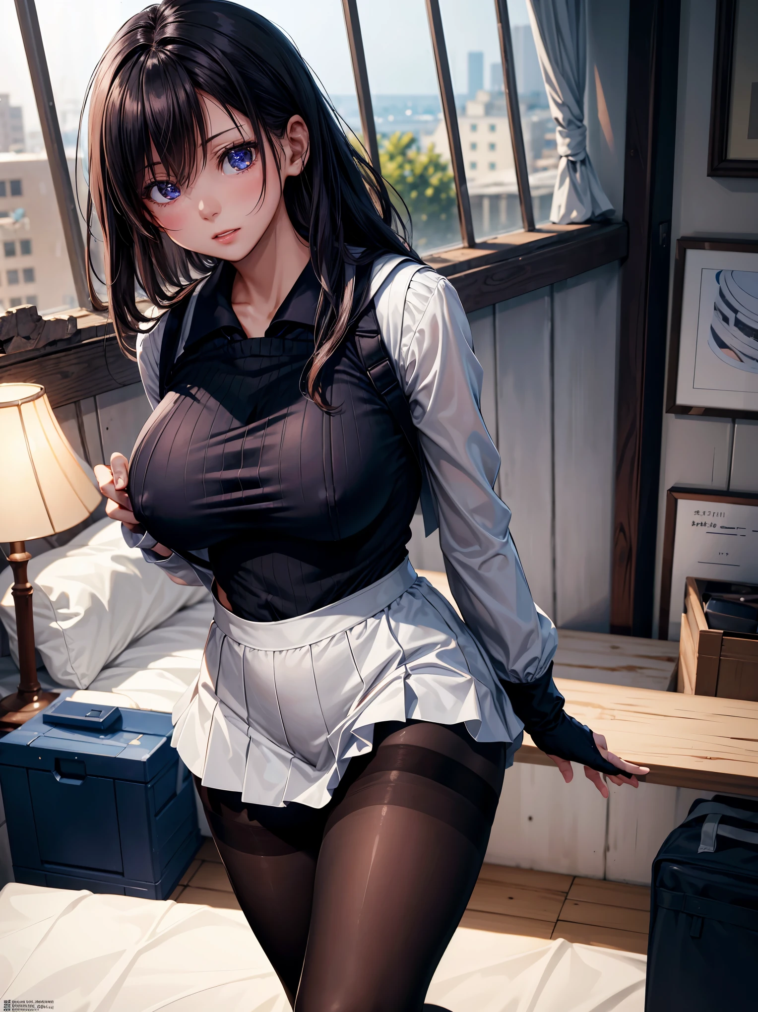 (1 Girl:1.2),(high quality), (High resolution), (Very detailed), (8k),(Demolition paperback correct)、Sexy Lingerie、Wearing a sailor uniform、((Focus on the whole body))、Nipple Shape、((Black Pantyhose))、Hair messed up by strong wind、Neutral White Lighting,Sexy pose、