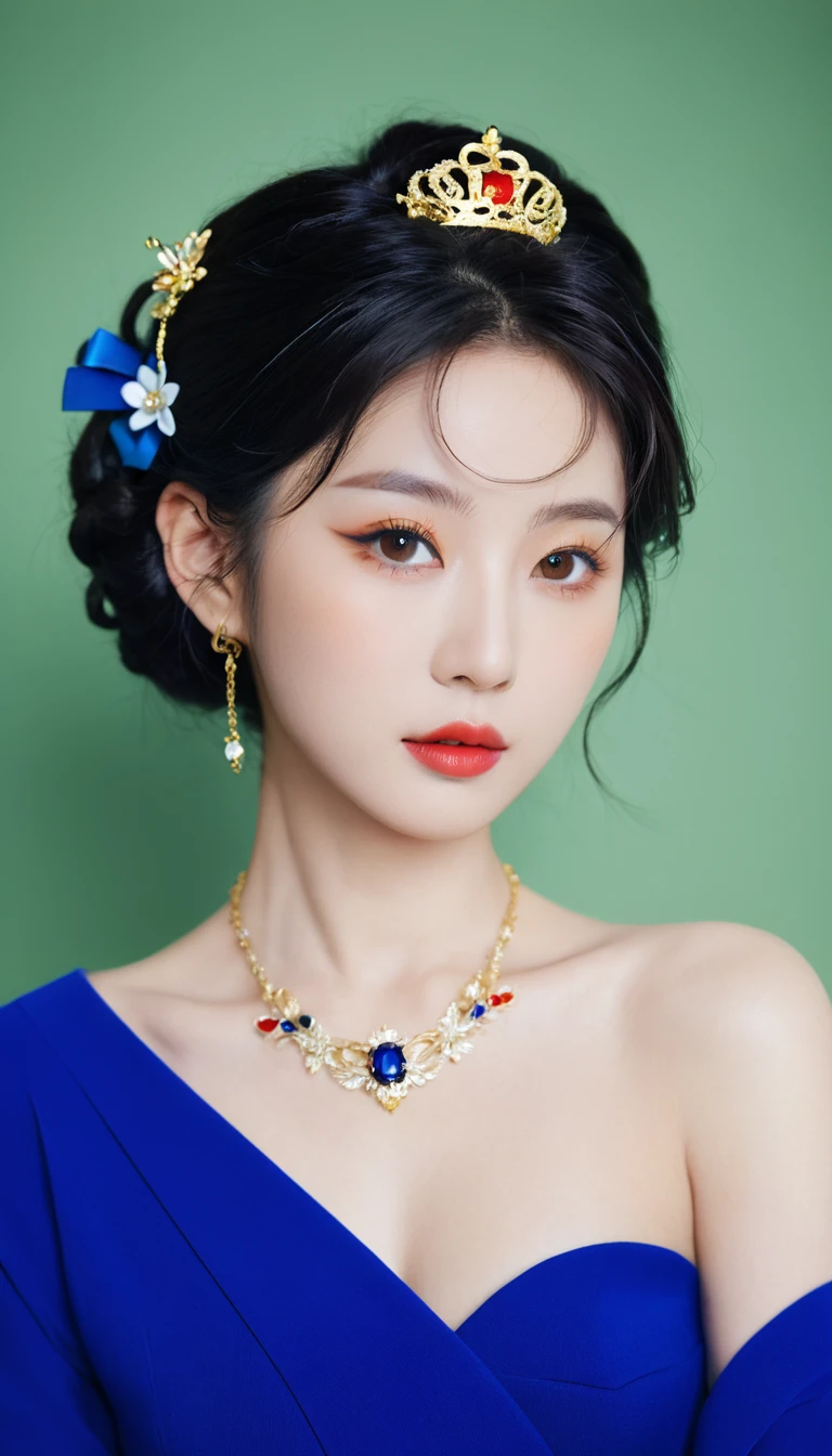 A stunning photo with great color saturation taken by Emily Soto, Beautiful Japanese idol woman wearing (Royal Color War), clavicle, (Mature:1.3), best quality, Hot and humid, Tempting,