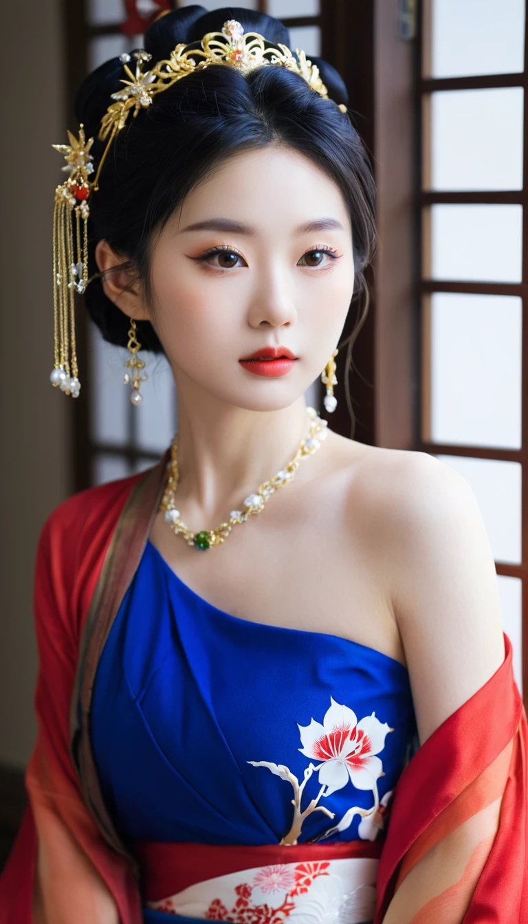 A stunning photo with great color saturation taken by Emily Soto, Beautiful Japanese idol woman wearing (Royal Color War), clavicle, (Mature:1.3), best quality, Hot and humid, Tempting,