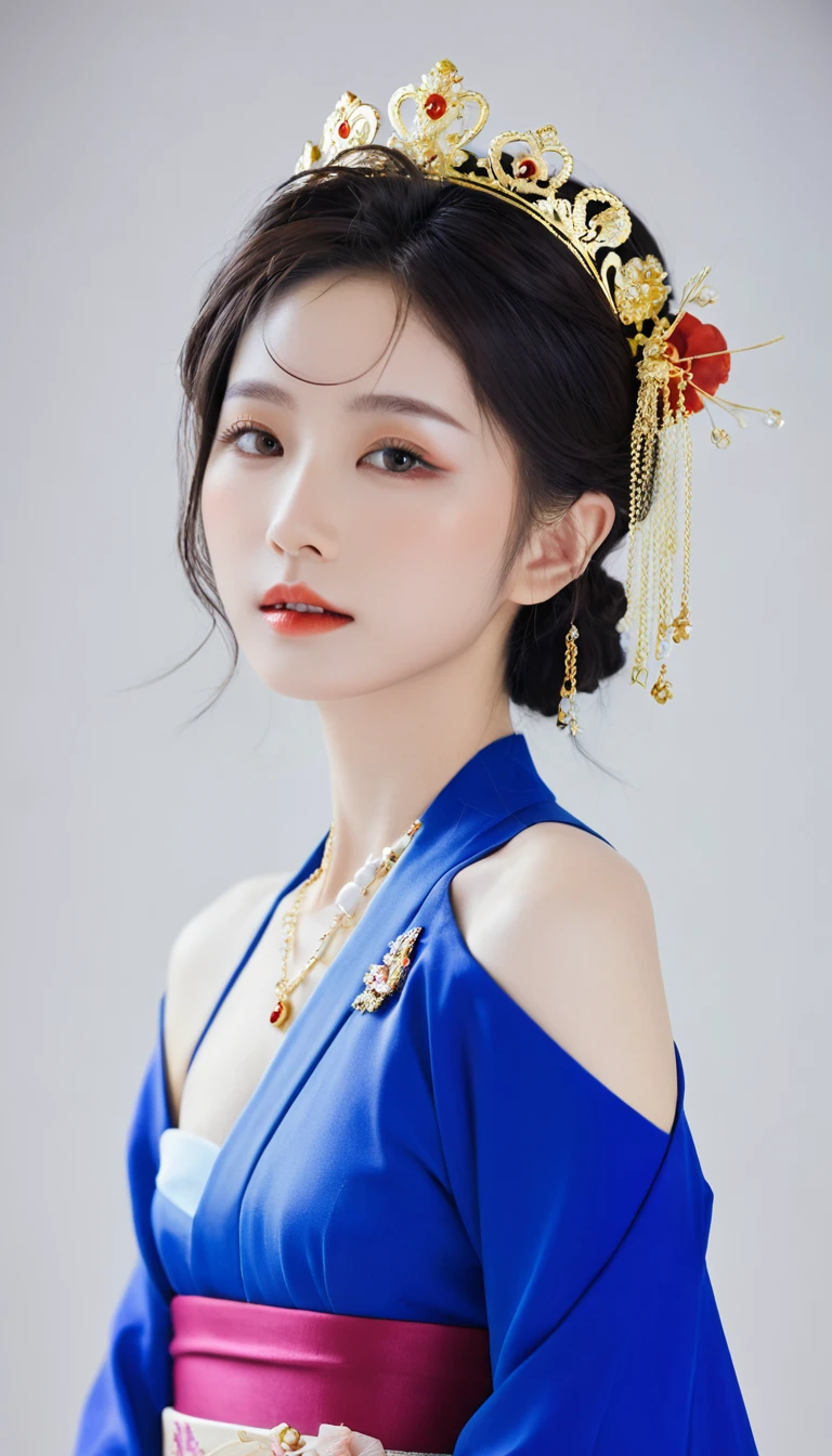A stunning photo with great color saturation taken by Emily Soto, Beautiful Japanese idol woman wearing (Royal Color War), clavicle, (Mature:1.3), best quality, Hot and humid, Tempting,