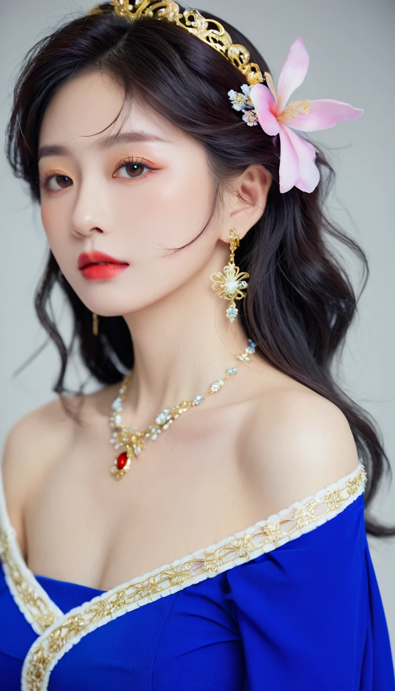 A stunning photo with great color saturation taken by Emily Soto, Beautiful Japanese idol woman wearing (Royal Color War), clavicle, (Mature:1.3), best quality, Hot and humid, Tempting,