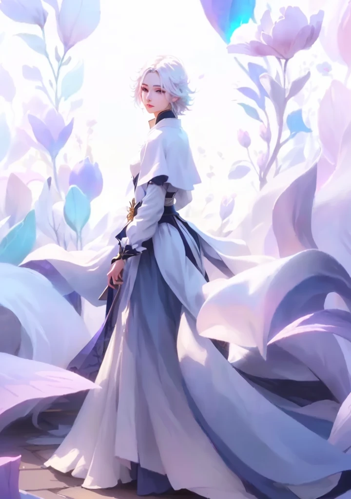 Close-up:A person in a dress stands among flowers, Delicate hermaphroditic prince, White-haired deity, beautiful androgynous prince, White-haired lady, guweiz style artwork, Duelist Style, Elegant digital art, ross trans style, Epic and beautiful character art, rossdraws Global Illumination, Beautiful digital illustrations