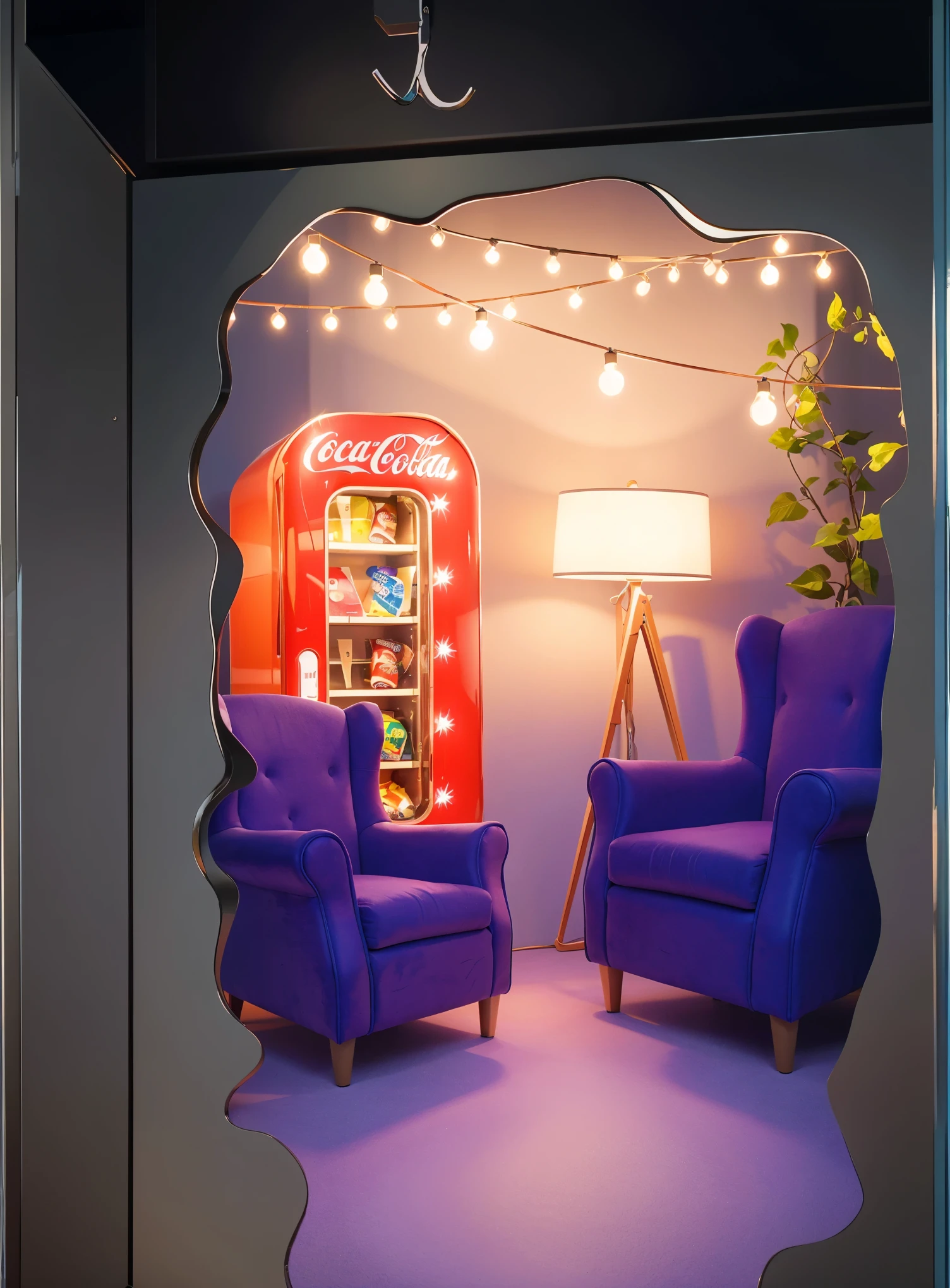 This image creatively showcases a hidden lounge area, revealed through the silhouette of a profile cutout in a locker door. The interior features cozy elements such as two plush, blue armchairs and a vibrant, red Coca-Cola vending machine that adds a pop of color. The setting is warmly lit with string lights and a floor lamp, enhancing the inviting ambiance. A green plant adds a touch of nature, completing this snug and stylish secret retreat.___vibrant contrast to his attire and accessories.аffects render, (glossy plastic texture with multiple big light probe refractions), perfect cgi, smooth silhouette, high intensity refraction, (super glossy plastic material), most beautiful vfx, , realistic, 4k, high resolution, rim light, smooth 3d model, multiple light sources, rim light, sharp post effects render,, realistic, 4k, high resolution, rim light detailed digital art, reflective, best quality, 4k, masterpiece:1.2, ultra-detailed, realistic, vivid colors, The image of the highest quality, ensuring every detail showcased perfectly. It in 4k resolution, allowing viewers to immerse themselves in the richness of the colors and intricate details. The realistic rendering. under the spotlight, reflecting, high-resolution image, realistic rendering