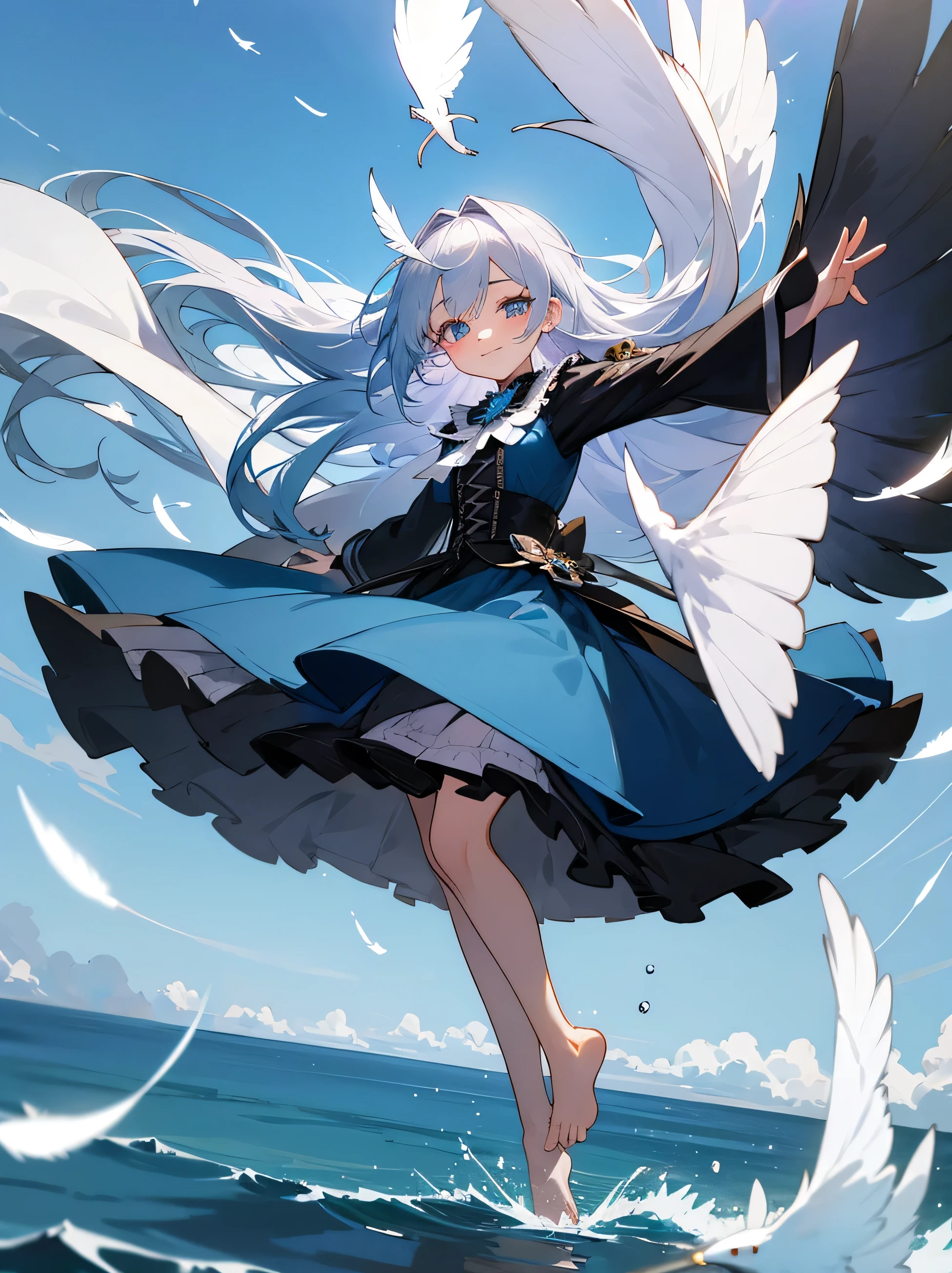 kawaii, anime, Cute, hyper quality, highly detailed, 8k, Clarity, Draw facial expressions in detail, A girl with long silver hair winks, mysterious, gothic style, highlight on eyes, smile, Feathers dance, The wind passes through, Flowers waving in the wind, floating on the water's edge, barefoot, light pours from heaven, aerial view, The expression is a wink, A bird flaps its wings in the sky, Uplifting, eye color is blue, upward glance, 	