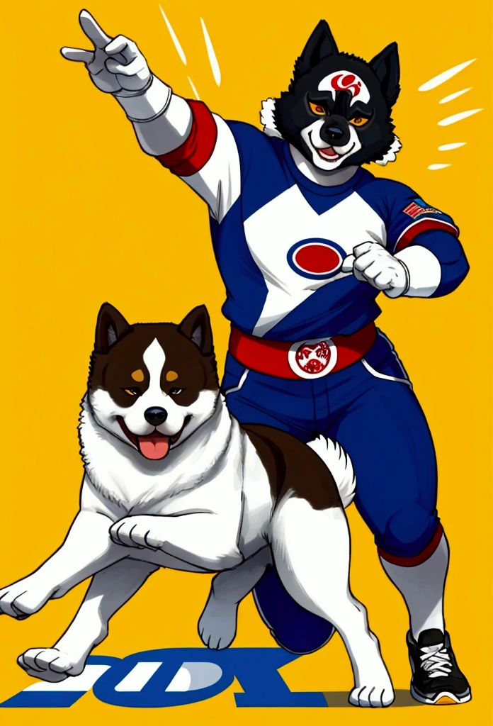 American Akita – a beauty with plush fur and a characteristic dark mask. The breed combines courage, friendliness,  funky, retro, multicoloured,  vintage logo, American Akita dog,athletic sports logo,energetic dynamic pose vintage logo, American Akita dog,athletic logo,energetic dynamic pose, American Akita – a beauty with plush fur and a characteristic dark mask.