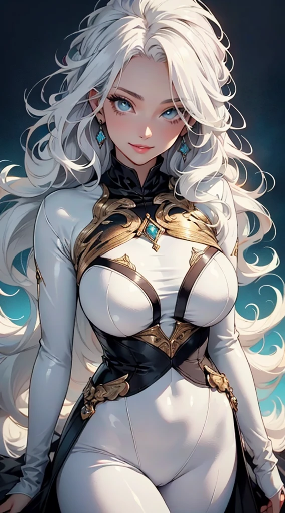 Masterpiece, beautiful art, professional artist, 8k, very detailed face, very detailed hair, very detailed clothes, 1 girl, solo, ((long wavy white hair)), (blue_eyes), beautiful_face, long_eyelashes, natural_eyebrows, (white latex suit), standing sexily, posing sexily, looking_at_viewer, diamond_earrings, large breasts, pale_skin, flirty smile, sultry eyes, perfect lips