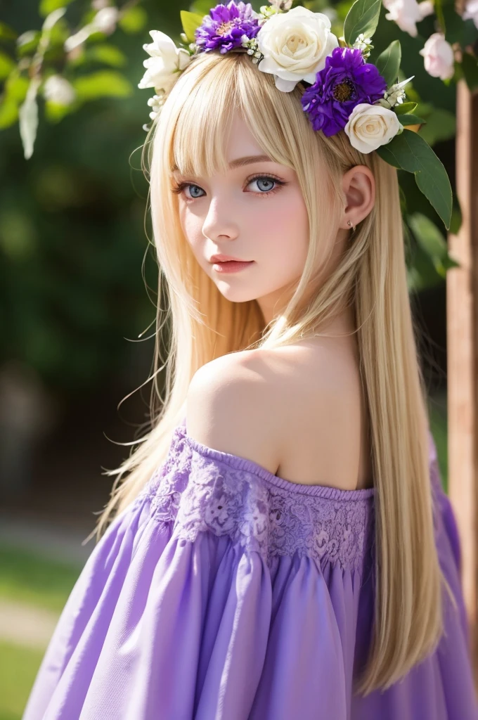 Blonde, Caucasian beauty, long hair, purple eyes, dress up, flower on head