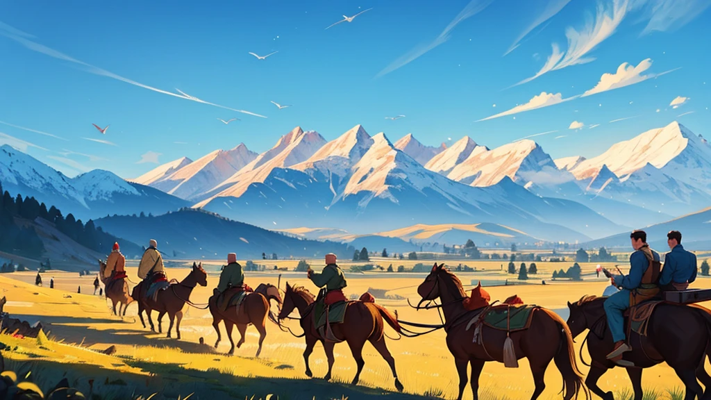 A bunch of men in the distance on dragons, against the background of mountains